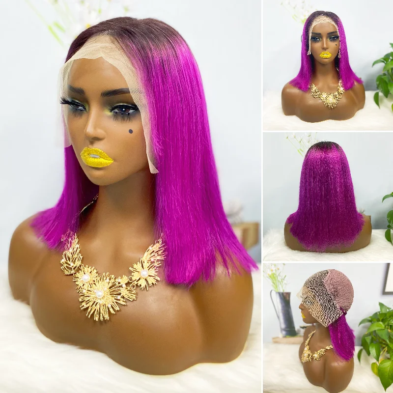 13*4 BoB Wig Straight  Wigs Color T1B/Purple 200% Density