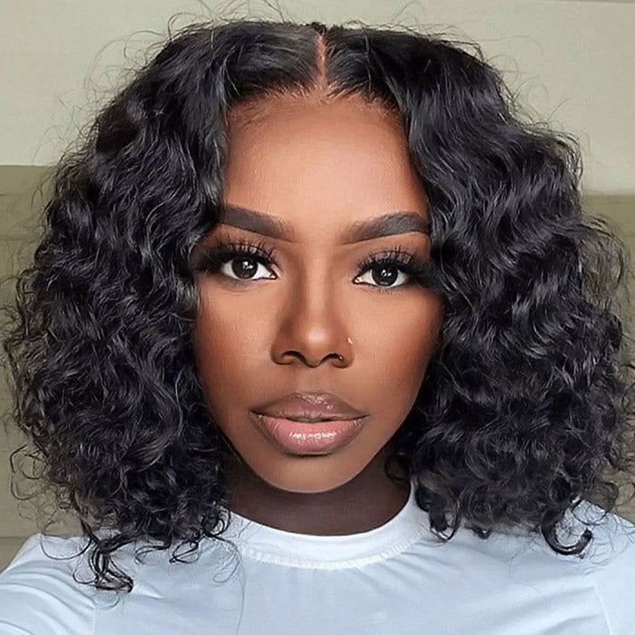 13x4 HD Wigs Water Wave Short Curly Bob Wig Glueless Lace Front Wigs Natural Black