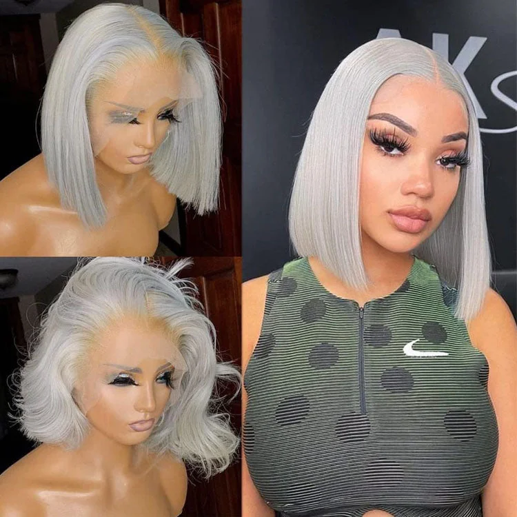 13x4 Short Straight Bob Lace Front Wig Grey Color Human Hair Bob Wig