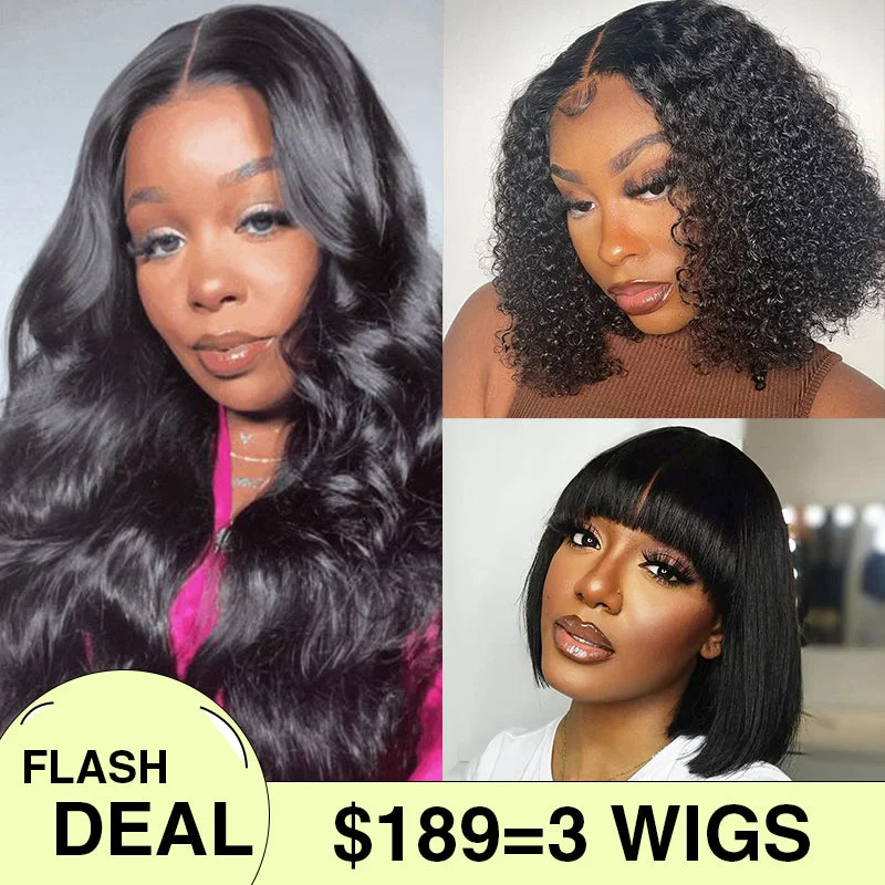 $189=3 Wigs | 18 Inch  4x4 Hd Lace Body Wave Lace Wig +12 Inch Curly 4x4 HD Lace Wig+10 Inch Straight Bob Wig With Bangs