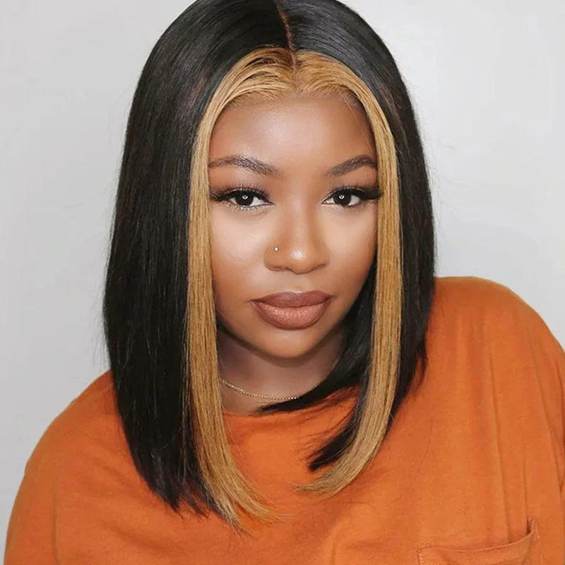 Ishow Skunk Stripe 1B/27 Straight Short Bob Wig 13x4 Highlight Bob Lace Front Wigs Short Human Hair Wigs