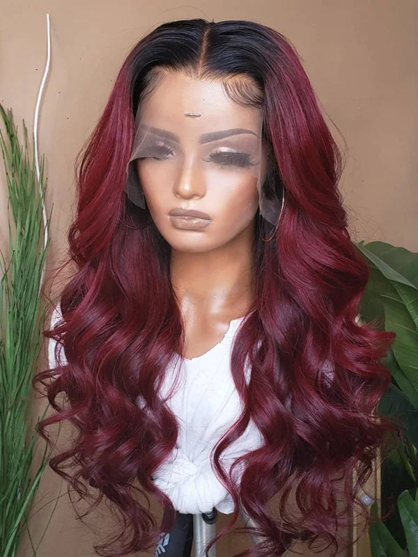 Chinalacewig Burgundy Ombre Color Virgin Hair 360 HD Lace Frontal Wig Wavy NCF112