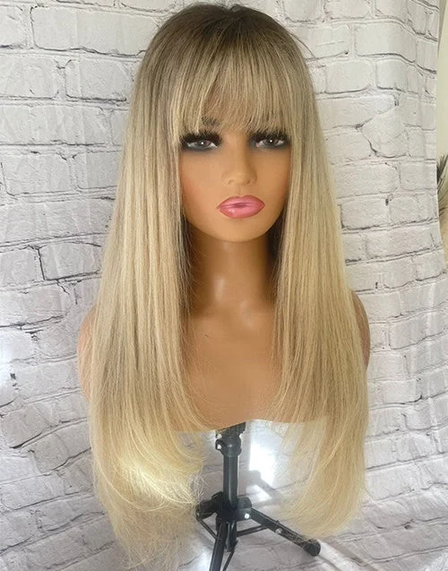 Ash Blonde Light Golden Balayage Straight Full Lace Human Hair Layer Cut Wig With Fringe Bangs Highlights Wig 200%