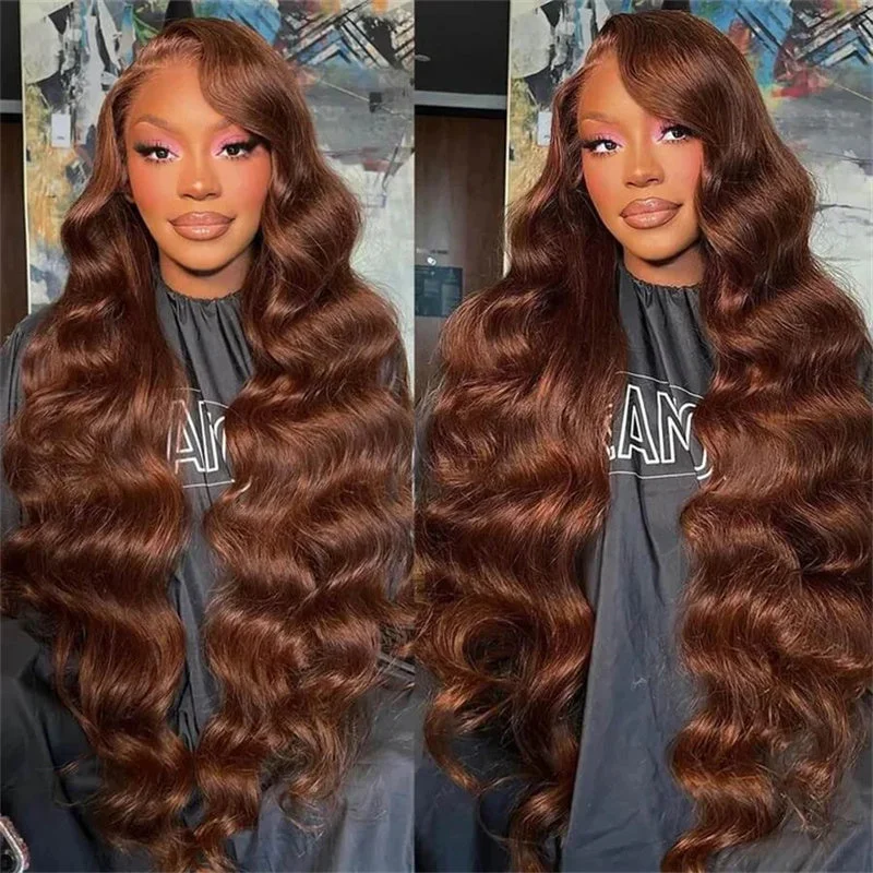 Lemoda #4 Brown Glueless Body Wave 13x4 Lace Front Wig Chocolate Brown Colored Human Hair Wigs