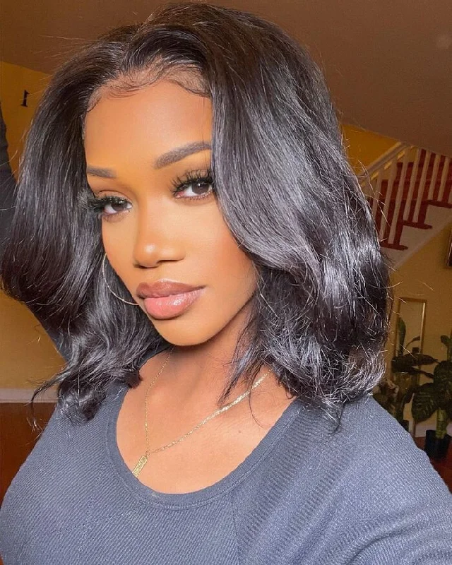 Body Wave Bob Wigs Human Hair HD Lace Closure and Frontal Wigs with Curtain Bangs