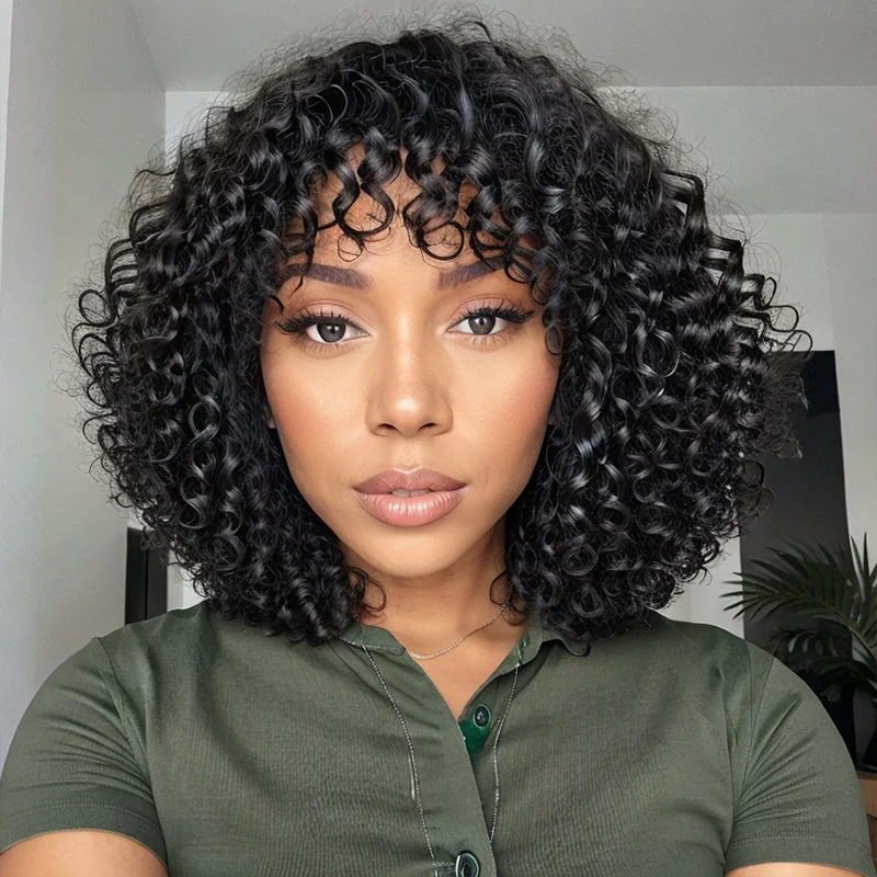 Linktohair Boho Curly Glueless Short Bob Wig with Bangs 100% Human Hair