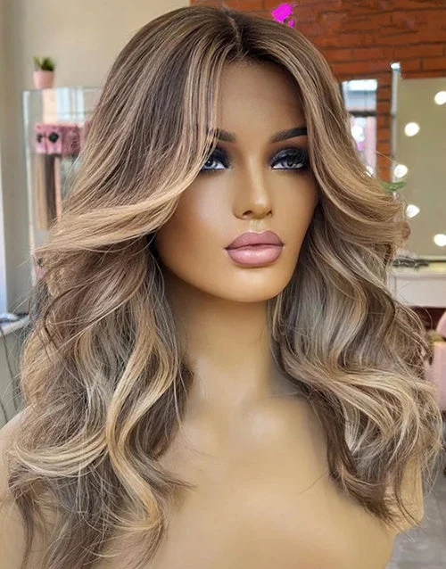 Brown Ash Blonde Highlights Wavy 13x4 Lace Frontal Wig Pre Plucked Human Hair Wigs