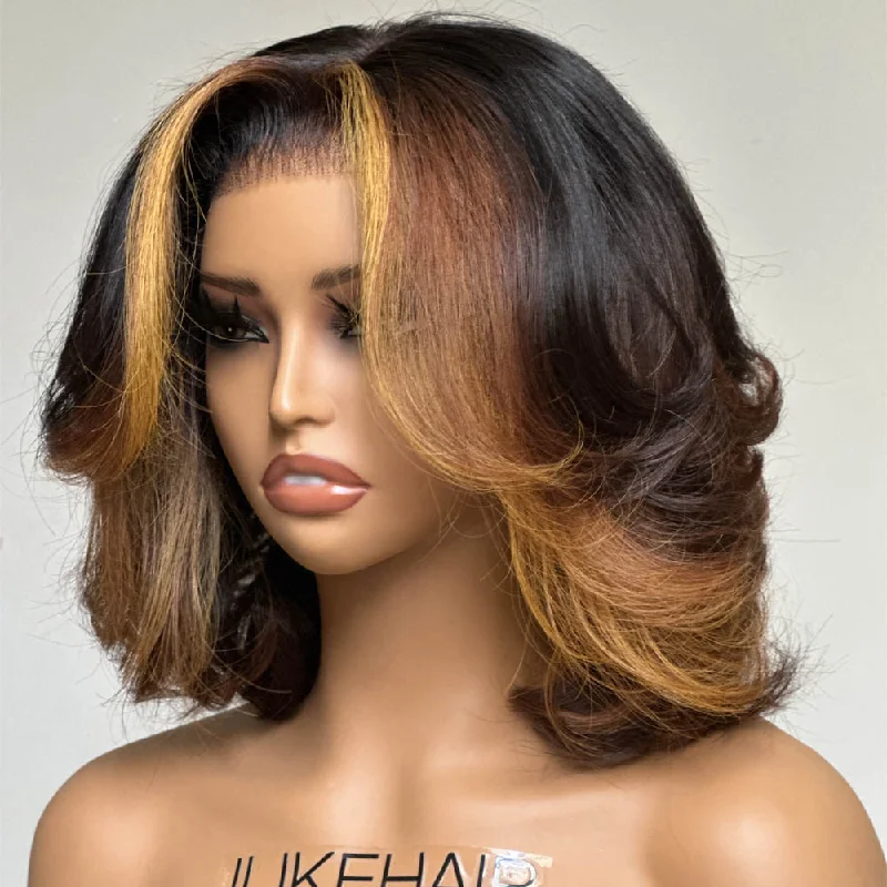 Honey Blonde Highlights Layered Cut Bob Lace Wig