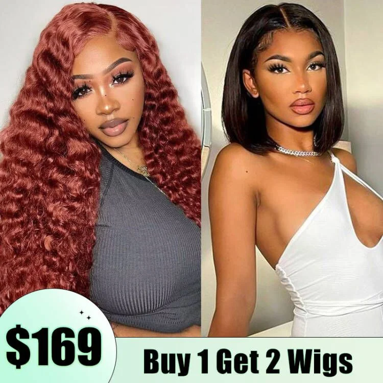 Buy 1 Get 2 Wigs |#33 Reddish Brown Water Wave 13x4 Lace Front wig +Natural Color Short Straight Bob Wigs  4x4 Lace Closure Wig