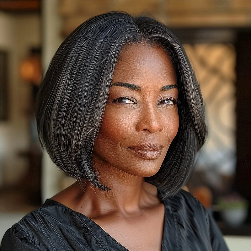 Flash Sale | Chic Straight Bob Dark Salt & Pepper Human Hair 4x4 Lace Closure Wig Timeless Style for Women Over 50