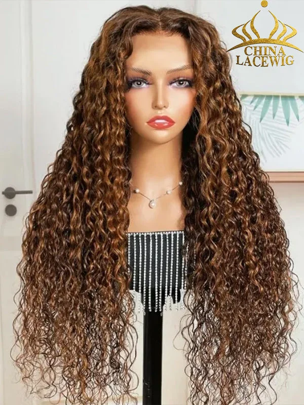 Chinalacewig Curly Brown Highlight Ombre Undetectable HD Lace Human Hair 360 Lace Wigs CF71