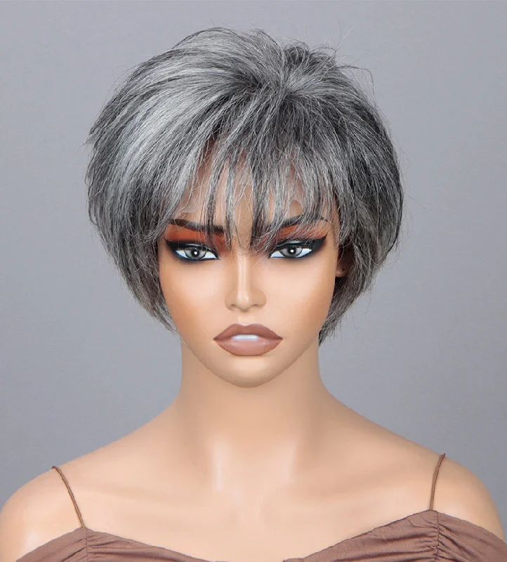 Custom Grey Pixie Haircut Wigs For Older Women Silver Short Layers With Air Bangs Standard Salt And Pepper Straight Human Hair Lace Wigs