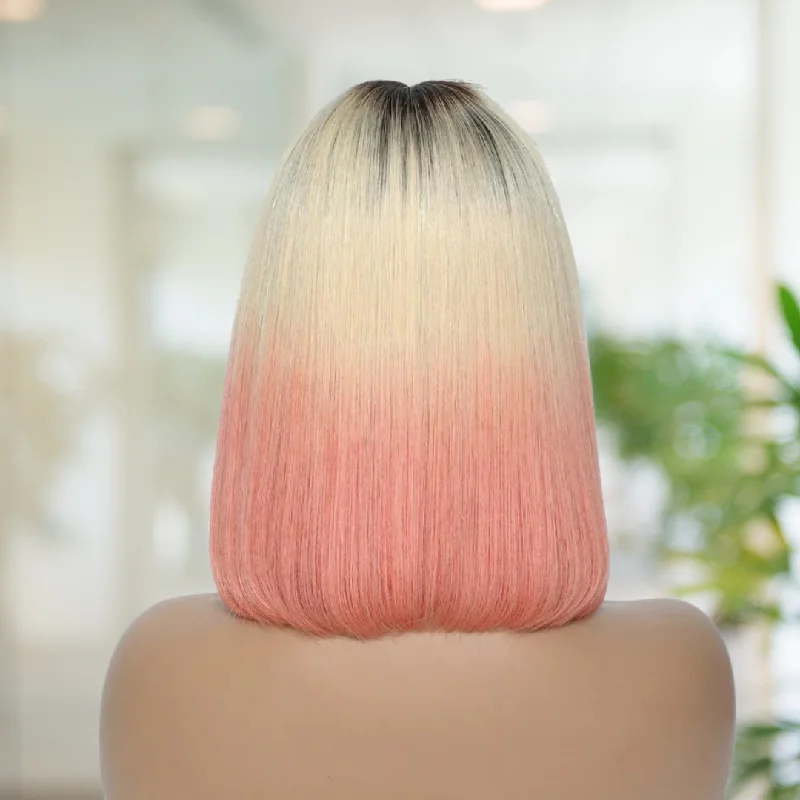 Dark Root Light Blonde Pink Ombre Human Hair Bob Wig