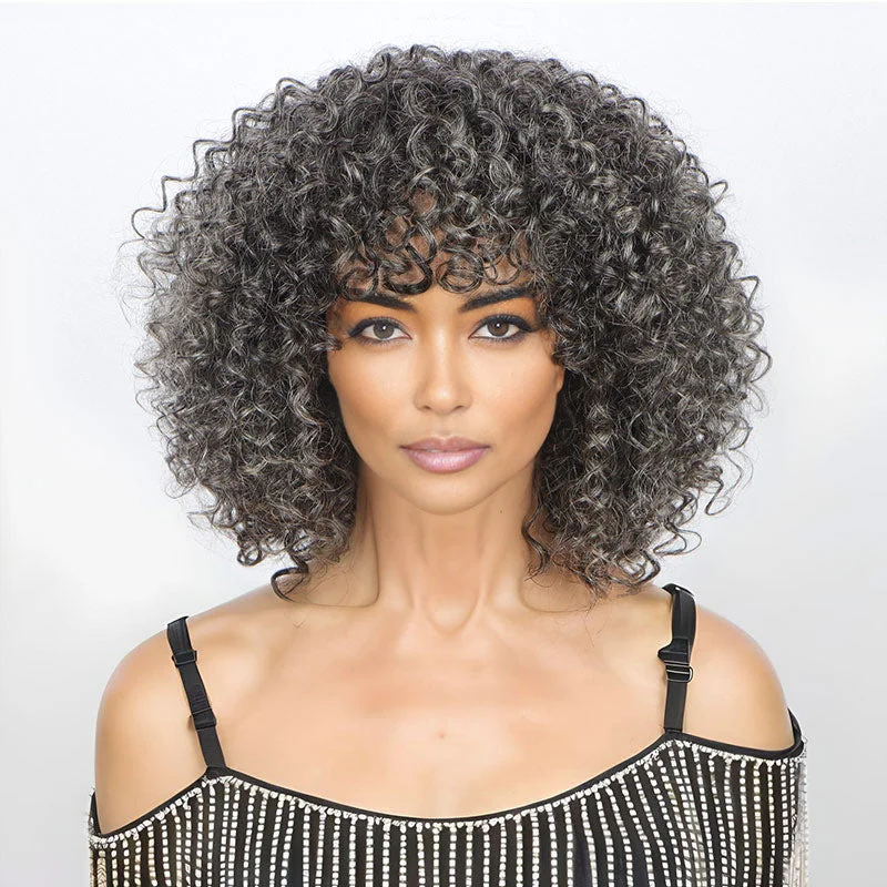 Dark Silver Grey Curly Bob Wig With Bangs Glueless Wear & Go Human Hair Salt And Pepper Wigs