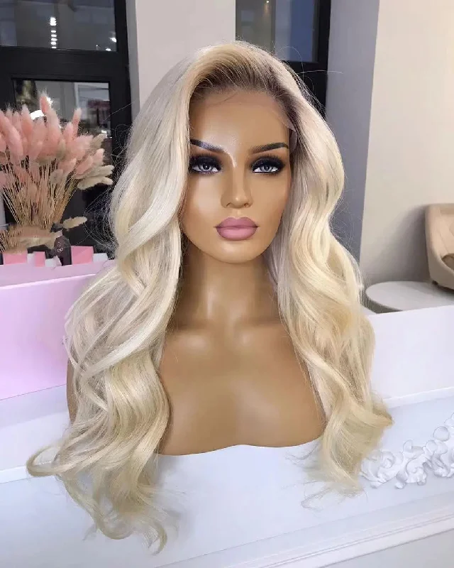 Glueless Blonde Ombre Color Natural Wave Wig Pre Plucked Natural Hairline Cuticle Aligned Lace Front Wigs