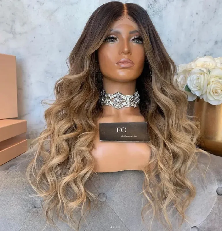 Glueless Brown Ombre Color Ocean Wave Wig Pre Plucked Natural Hairline Bleached Knots Vietnam Hair Lace Front Wigs