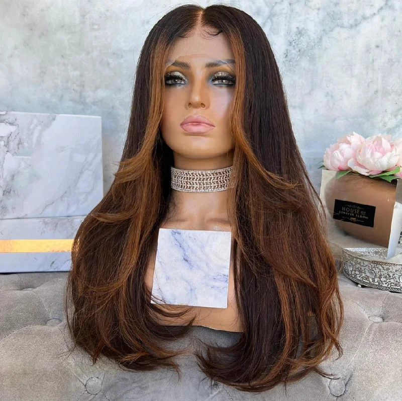 Glueless Cuticle Aligned Natural Black Brown Highlight Color Body Wave Pre Plucked Burmese Hair Lace Front Wig