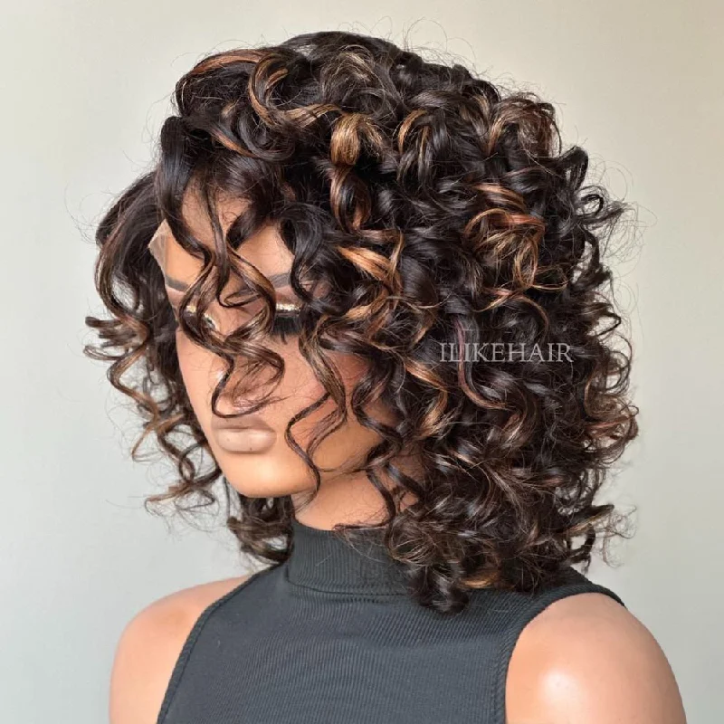 Glueless Short Bob Bouncy Loose Curly Blonde Highlight Lace Front Wig