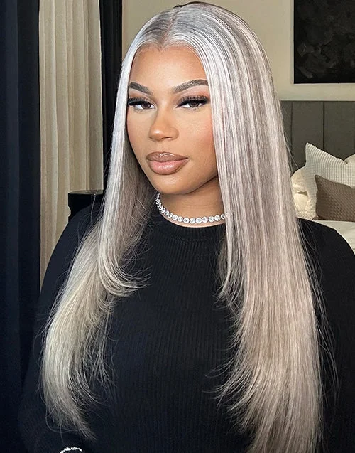 Highlight Ash Blonde Straight 13x4 Lace Front Layer Cut Wig With Grey Roots Glueless Human Hair Wig