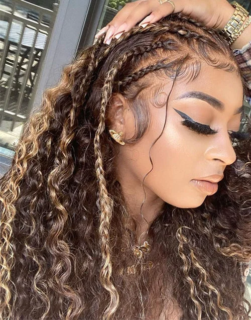 (Can Do Braids )Highlight Honey Brown Curly Full Lace Human Hair Wig Need To Do By Yourself