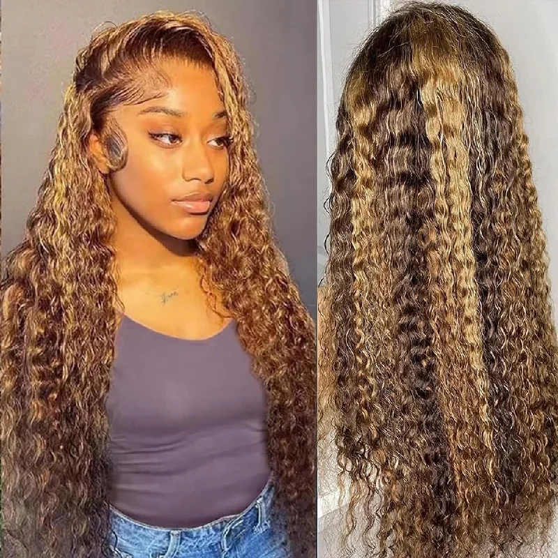 Honey Blonde Piano Highlight Deep Curly Lace Front Wig