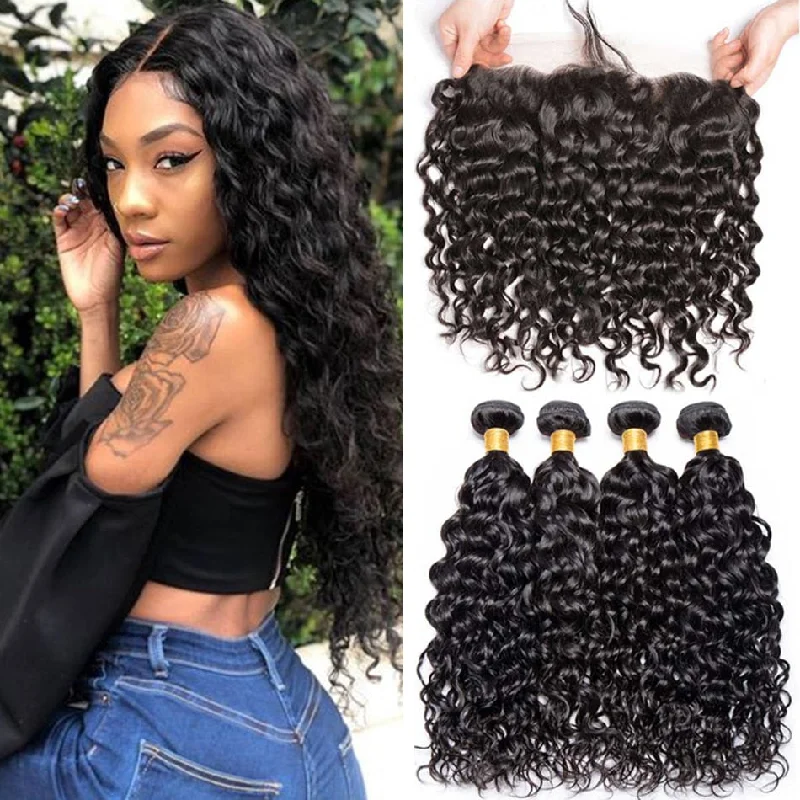 Indian Water Wave Bundles With Closure Wet and Wavy Curly 12A Human Hair Bundles With Remy Hair Weave 3Bundles With 13X4 Frontal