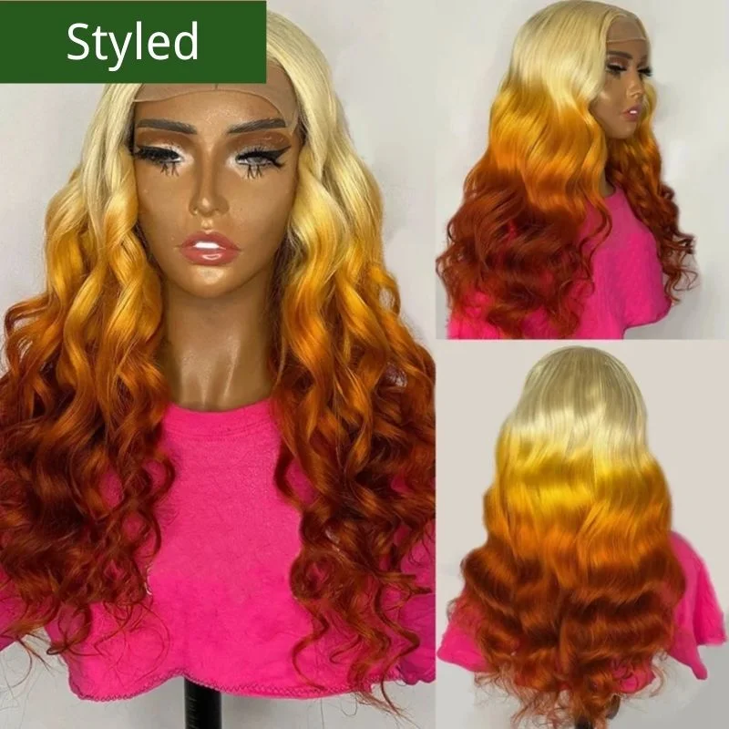 Klaiyi 3 Tone 613 Orange brown Ombre Color Multi color Reverse blonde orange and brown ombre Straight Wig