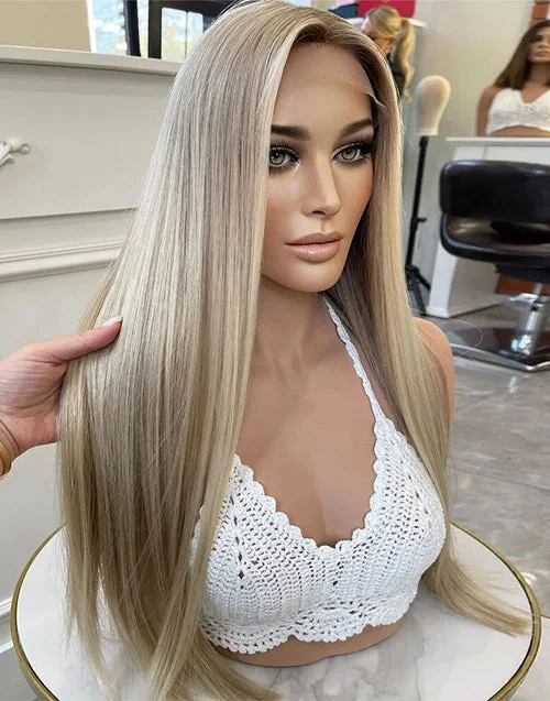 Light Ash Blonde Full Lace Human Hair Wigs Highlights PrePlucked Wig Can Be High Ponytail/Braids/Bun