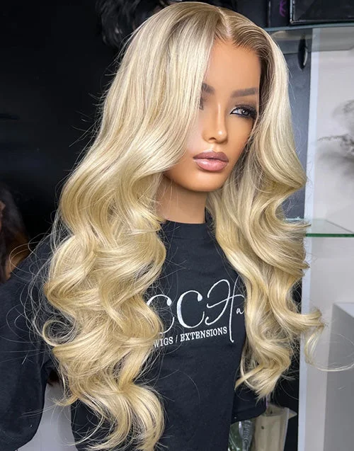 Light Roots Ombre Blonde Body Wave Wig 100% Remy Human Hair Lace Front Wig 13x4” 220 Density Lace Wigs