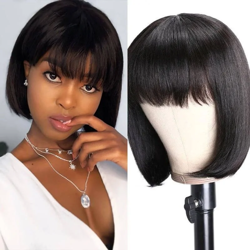 Likablewig Glueless Bob Wig Natural Black Hair 150% Density Bangs Bob Wig Full Machine Made No Lace Straight Hair