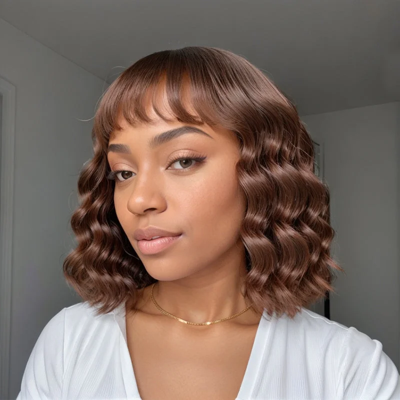 LinktoHair Body Wave Glueless Colored Bob with Bangs Wig 100% Human Hair