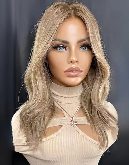 Medium Length Warm Blonde Highlight Wig With Dark Brown Roots Human Hair 13x6 Lace Front Wig