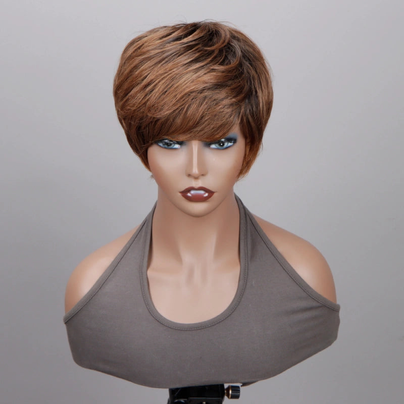 Soul Lady Ombre Caramel Brown Short Pixie Cut Wig Straight Human Hair