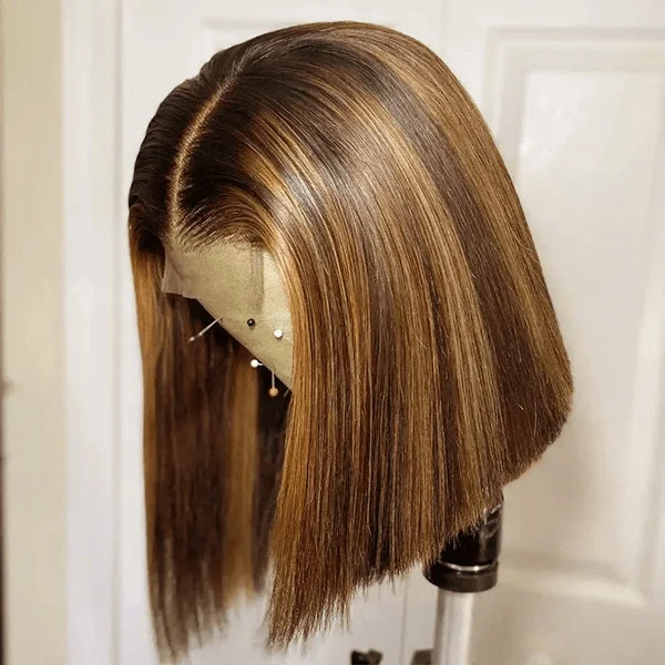 Highlight Bob Wig Honey Blonde Straight Hair Wigs Short Bob Human Hair Wig with Highlights 4x4 Lace Closure Wig P4/27