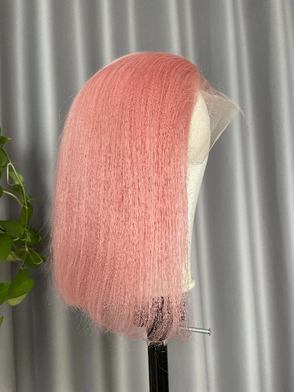 Pink Frontal Bob Wig 100% Human Hair 13x4 Lace Free Shipping