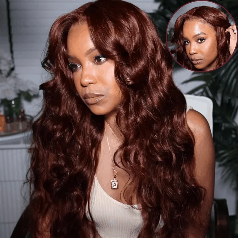 Reddish Brown Glueless Pre Cut HD Lace Closure Wigs Straight And Body Wave #33 Auburn Brown