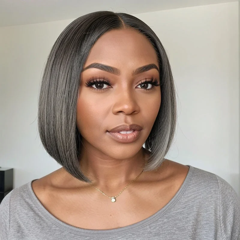 Salt and Pepper Highlight Wig Human Hair 5x5 Straight Lace Front Wig