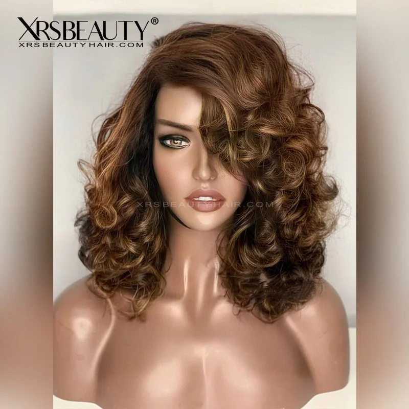 Side Part Chestnut Brown Bouffant Wave Bob Wig with Blonde Highlights [BOB43]