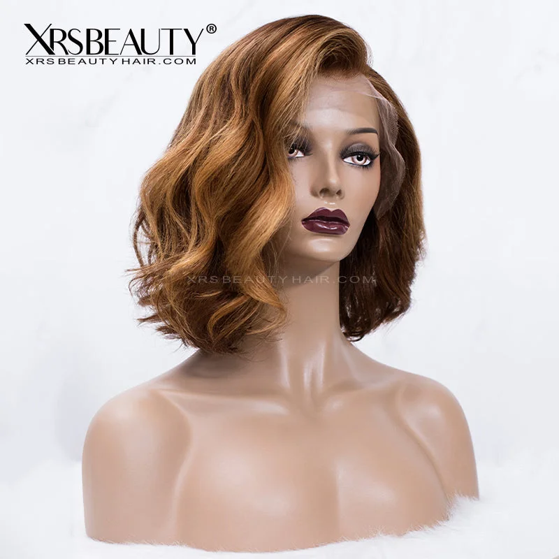 Side Part Medium Brown Wavy Bob Wig with Blonde Highlights [BOB45]