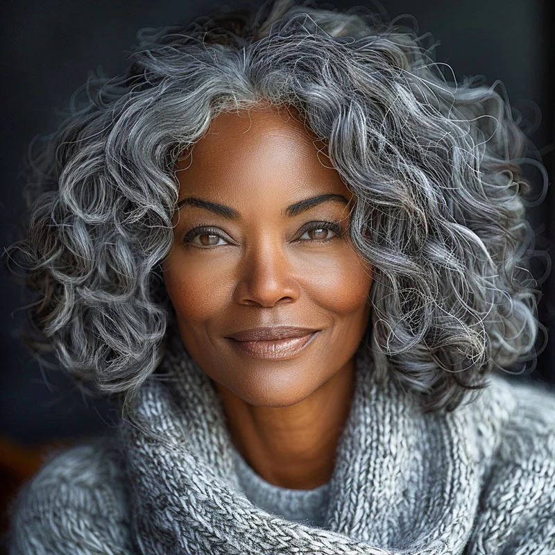 Big Loose Curly Silver Grey Wig For Seniors Medium Salt & Pepper Human Hair 4x4 Lace Bob Wigs For Women