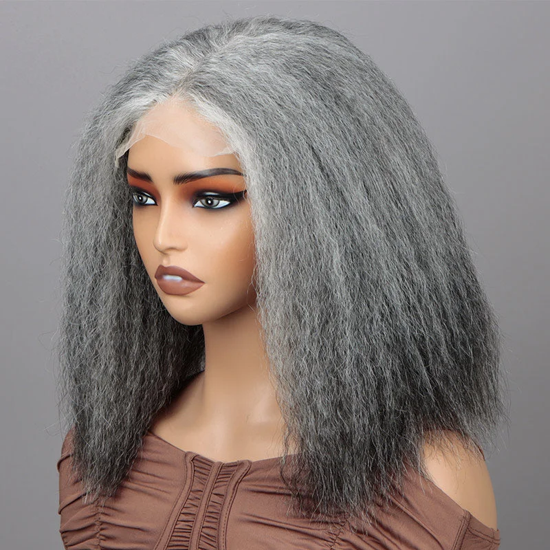 Seniors Salt And Pepper Wig Yaki Straight Bob More Grey Human Hair 5x5 HD Lace Wigs For Women