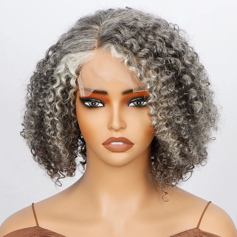 Seniors Salt And Pepper Wig Short Jerry Curly Bob Real Grey Human Hair Lace Wigs For Women