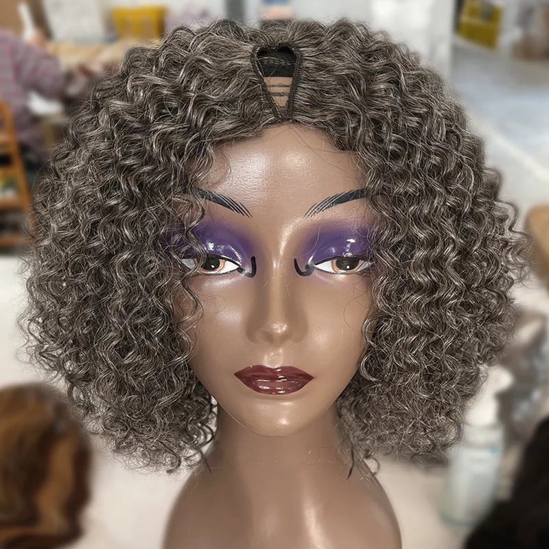 Silver Grey Jerry Curly V-Part Wear And Go Wigs Real Human Hair Salt and Pepper Short Bob For Women Over 50