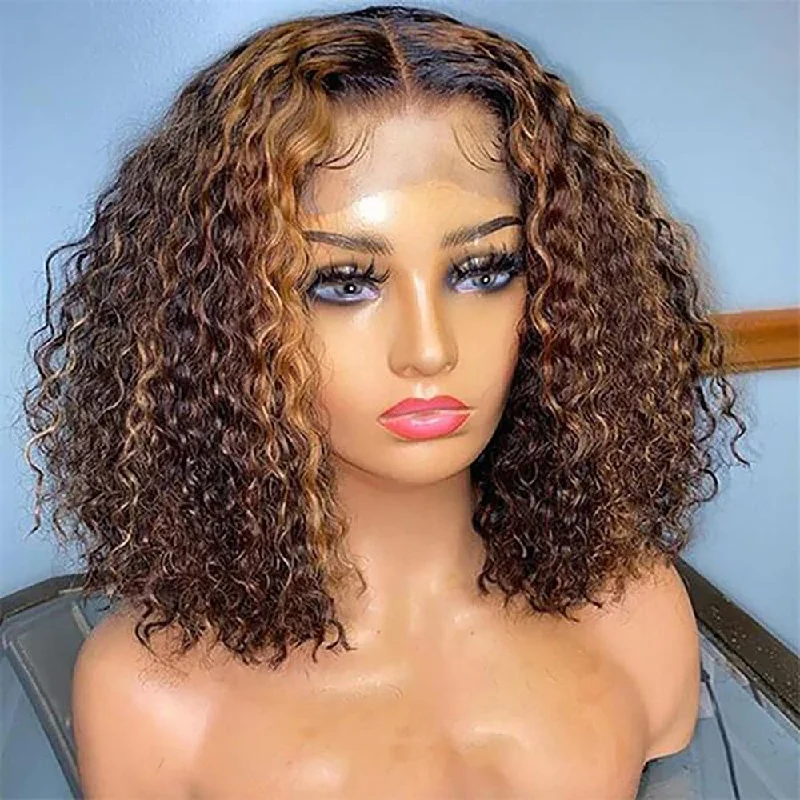 Sterly Mix Color Brown Curly Bob Wig Affordable 13X4 Highlight Frontal Lace Wig