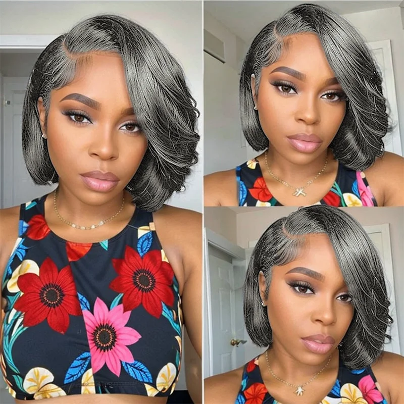 Trendy Design| Salt and Pepper Grey Glueless Wavy Bob 5x5 HD Lace Front Human Hair Wig