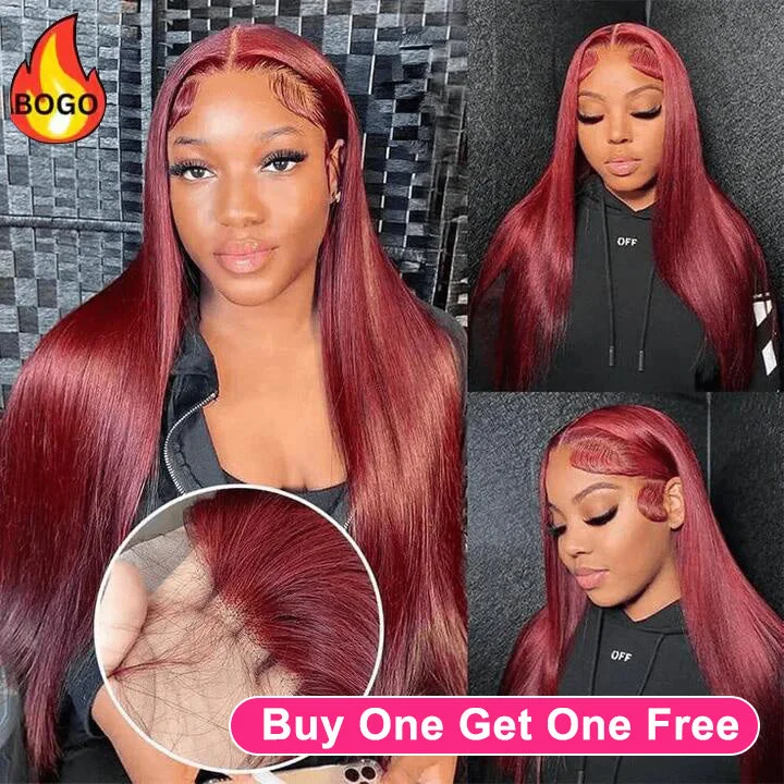 Tuneful 99j Burgundy Color 13x6 Lace Front Human Hair Straight Wigs Bogo Deal