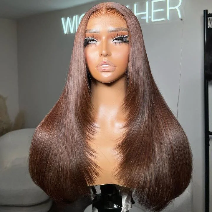 Tuneful Chocolate Brown Glueless Straight 4x6 13x6 Lace Front Closure Human Hair Wigs 210% Density