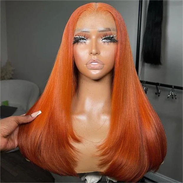 Tuneful Ginger Orange Colored Glueless Layer Cut Straight 4x6 13x6 Lace Front Closure Human Hair Wigs 210% Density