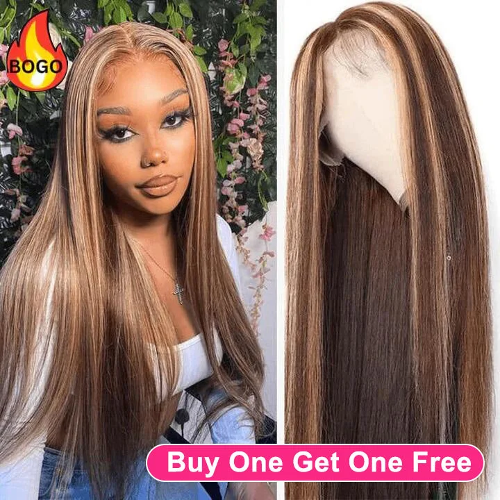 Tuneful Honey Blonde Highlight Colored Straight 13x6 Lace Frontal Human Hair 180% Density Wigs Bogo Deal