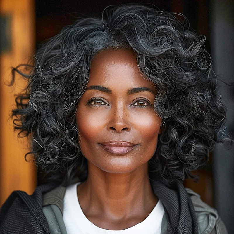 Versatile Medium Salt & Pepper Big Curly Bob | Wear Go Glueless Human Hair Wig for Older Women-#DGW001C